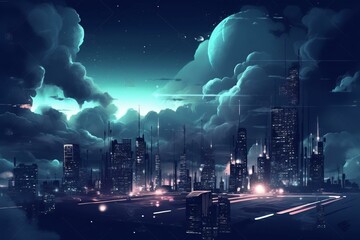 Futuristic cityscape beneath dark cloudy night sky. Generative AI