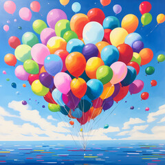 A kaleidoscope of vibrant balloons soaring through a clear, azure sky, radiating a sense of joy and celebration