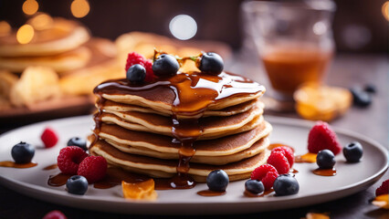 Pancakes with chocolate and berries - obrazy, fototapety, plakaty