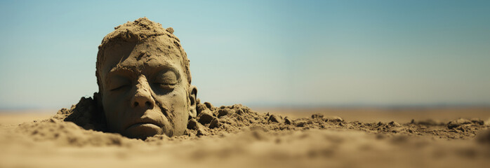 Obraz premium Man sticking head in sand. Denial. With copy space.