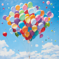 A kaleidoscope of vibrant balloons soaring through a clear, azure sky, radiating a sense of joy and celebration