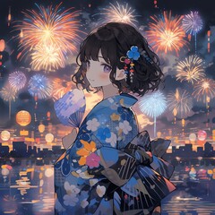 花火と女の子 | fireworks and girl　Generative AI
