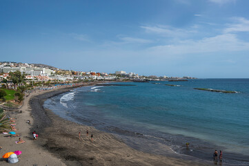 Fototapeta na wymiar View of Playa de Fanabe, a volcanic sand beach, in Tenerife, Spain