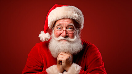 Portrait of Santa Claus on a red background. Generative AI,