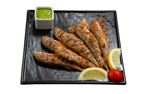 Sea mullet fried on charcoal. Isolated seafood dish for menu.