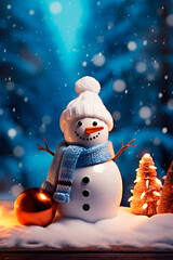 Christmas snowman on snowy decor background. Generative AI,