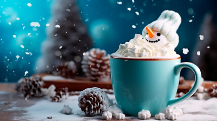Obraz na płótnie Canvas Christmas cup of cocoa with marshmallows and snowman. Generative AI,