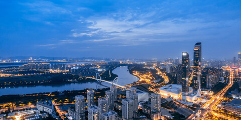 Aerial Night Scene of Poly Grand Theatre at Nanjing Youth Olympic Center, Jiangsu, China