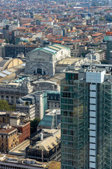 Aerial view of the city center of Milan and the Central Station - 666023446