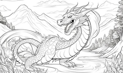 A majestic dragon soaring above a tranquil lake