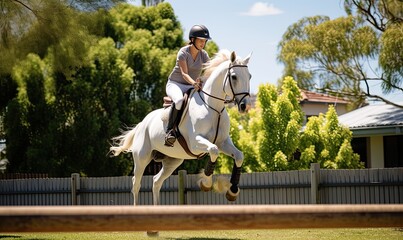 A woman riding a majestic white horse in a beautifully enclosed equestrian arena