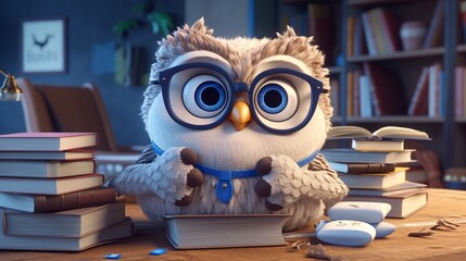 kind cute owl in the glasses and books around cartoon.Generative AI - obrazy, fototapety, plakaty