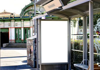 bus shelter with blank ad panel. billboard display. empty white lightbox sign. bus and metro stop....