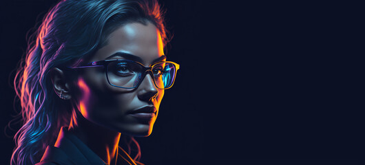Fototapeta premium futuristic portrait of an intellectual business woman with spacs in neon light on a dark blue background. entrepreneur. future woman.