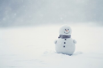 Snowman in a winter storm on snowy field