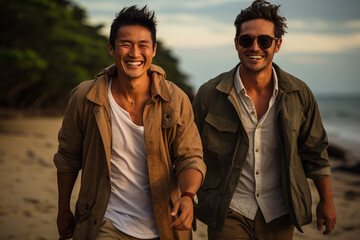gay couple of asian and caucasian men walking on the beach