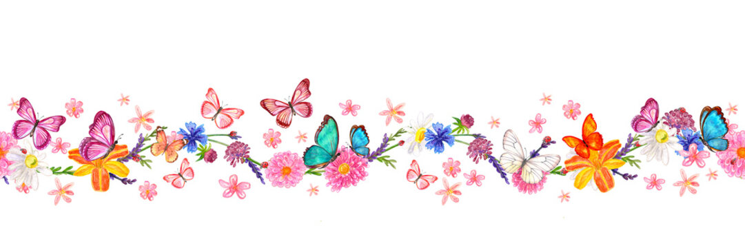 watercolor seamless border with plants, twigs, summer garden flowers, ladybugs and flying colorful butterflies