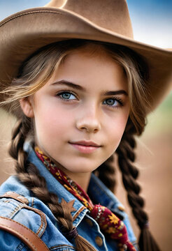 portrait of a beautiful teen cowgirl , close up , illustration. generative ai