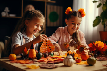 Kids are crafting handmade Thanksgiving decorations to adorn the house.