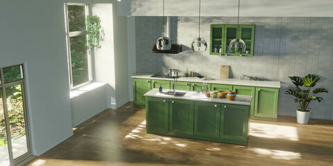 3d render of kitchen in morning for indoor interior design concept