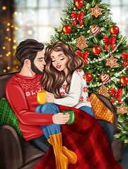 Beautiful young couple celebrating Christmas at home. Festive Christmas card