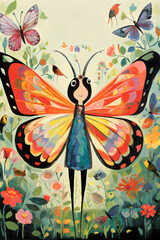 Fototapeta premium Children's Illustrated Story: Butterfly on a Floral Background