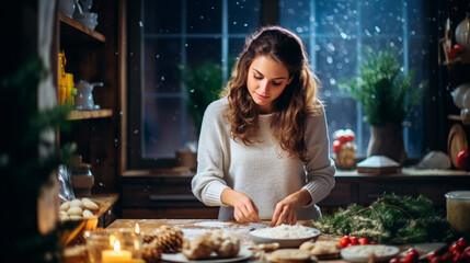 A woman prepares Christmas food in the kitchen. Generative AI,