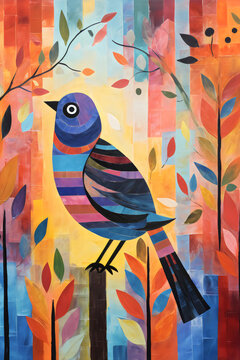 Cheerful Birdie: Vibrant and Cute Bird Illustration on a Colorful Background