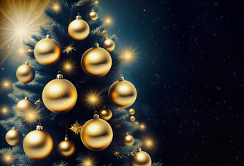 Fototapeta na wymiar Christmas, golden yellow balls on a fir tree close-up. postcard. holiday.