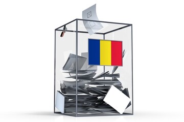 Romania - ballot box with voices and national flag - election concept - 3D illustration