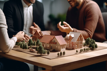 3d render miniature model maquette of small house building on table couple talk and point about it.