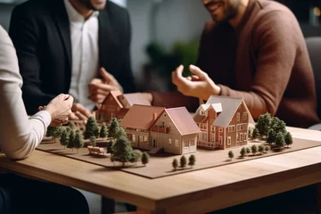 Deurstickers 3d render miniature model maquette of small house building on table couple talk and point about it. © Pichsakul