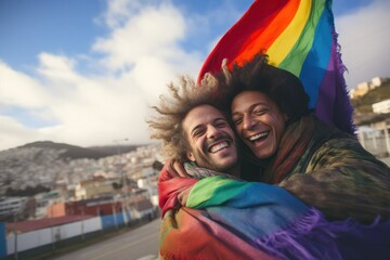 Gay Couple Kissing with Rainbow Flag in the city