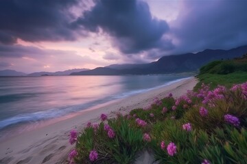 Fototapeta na wymiar Scenic dusk at untamed seashore, with mountains, flowers, and cloudy sky. Generative AI