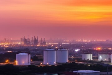 Twilight oil refinery and storage tank with price graph and petrochemical plant as the industrial backdrop. Generative AI