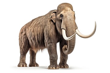 Photo of a realistic representation of a woolly mammoth on a plain background created with Generative AI technology