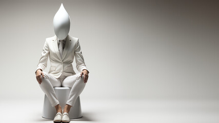 Mensch anonym im weißen abstrakten Outfit und Kopfbedeckung sitzt mit hellen Hintergrund im Querformat für Banner, ai generativ - obrazy, fototapety, plakaty