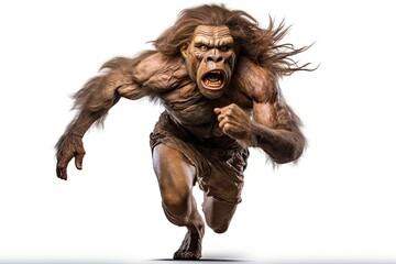 Photo of a digital illustration of a running Neanderthal in a prehistoric landscape created with Generative AI technology