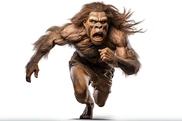 Stof per meter Photo of a digital illustration of a running Neanderthal in a prehistoric landscape created with Generative AI technology © Karlaage