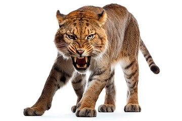 Obraz premium Photo of a detailed portrait of a domestic Sabre tooth cat against a plain white backdrop created with Generative AI technology