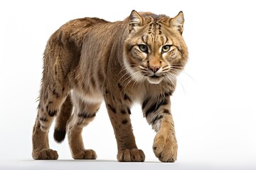 Fototapeta premium Photo of a detailed portrait of a domestic Sabre tooth cat against a blank canvas created with Generative AI technology