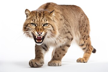 Photo of a fierce wild Sabre tooth cat captured in mid-stride with a wide-open mouth created with Generative AI technology