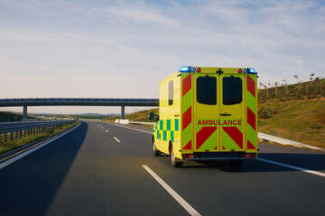 Fast moving ambulance car of emergency medical service on highway. Themes healthcare, rescue and urgency..