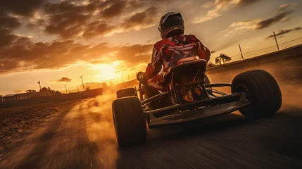Foto op Canvas Speeding go karts race against time, capturing the thrill and excitement as the sun sets in the background © Putra