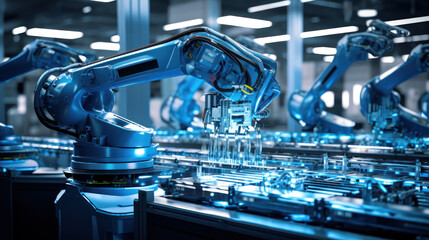 Obraz premium Robotic arms seamlessly work in harmony, showcasing the future of manufacturing automation