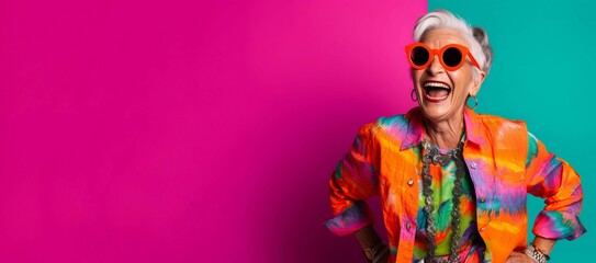 Colorful happy senior woman posing in studio banner. Stylish excited elderly woman with sunglasses. Generate ai