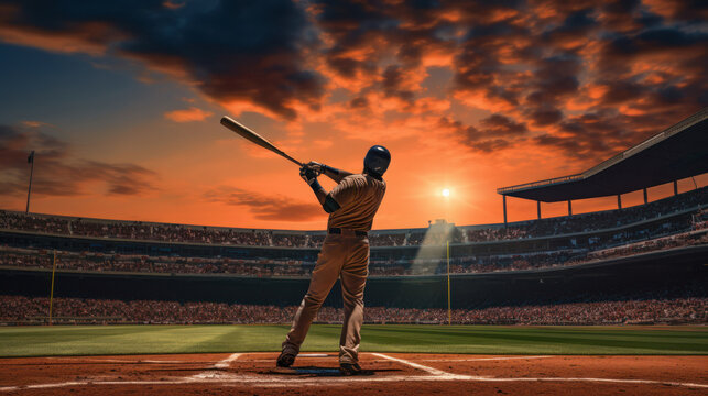 As dusk settles, a baseball player swings with full force, the stadium alive with anticipation