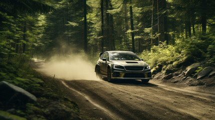 Obraz na płótnie Canvas Cars speed through dense forests, capturing the essence of rally racing in forested terrains