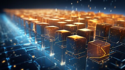 Fototapeta premium Interconnected blocks glide along a path, each symbolizing goods in transit, illustrating the application of blockchain in supply chains