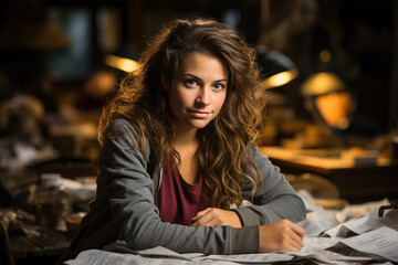 Young woman deeply focused, studying papers at a warmly lit desk in a serene environment.